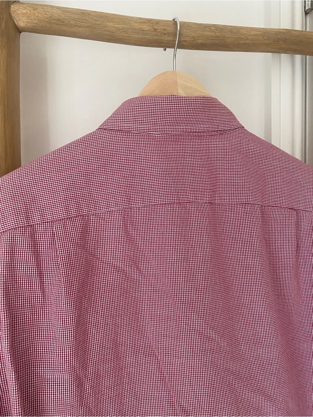 J.CREW Mini Check Long Sleeve Button Down Shirt Maroon White Sz Medium Preppy